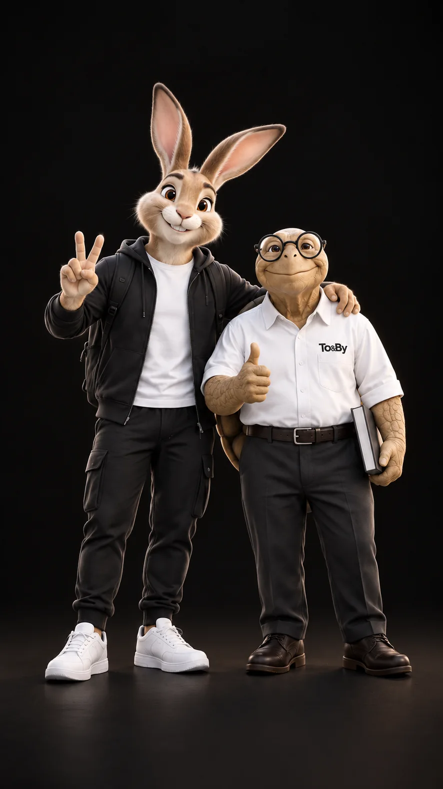 The To&By rabbit and tortoise characters standing together in their branded outfits